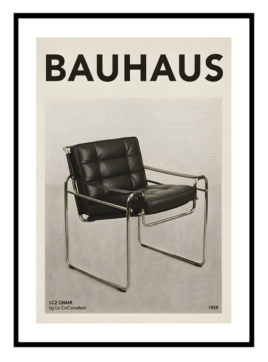 Poster of a black leather chair with metal frame, labeled 'LC2 Chair by Le Corbusier, 1928', on a beige background with 'BAUHAUS' text.