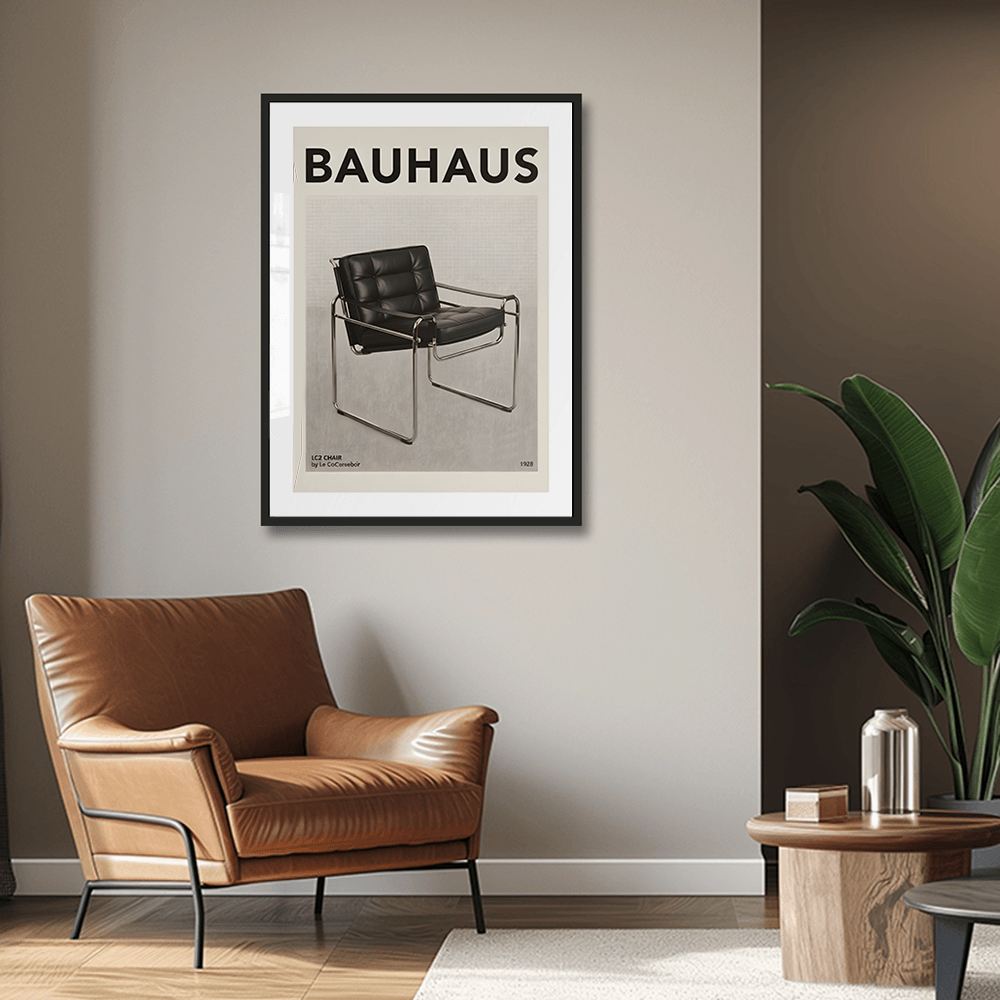 Bauhaus poster above a brown leather armchair in a modern living room.