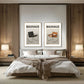 Modern bedroom with 'Bauhaus' themed wall art above a bed.