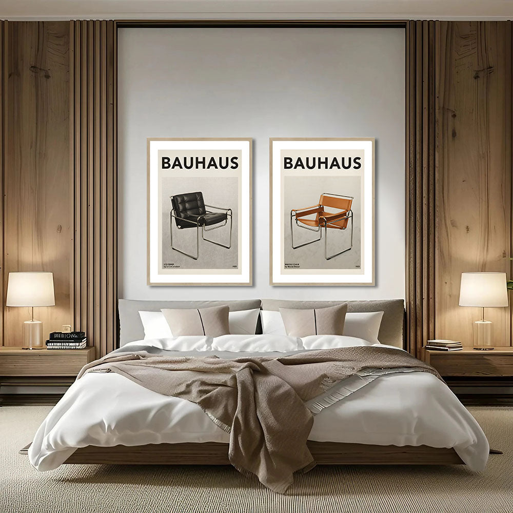 Modern bedroom with 'Bauhaus' themed wall art above a bed.