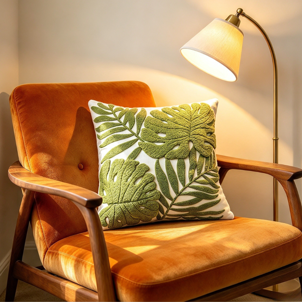 Embroidered Fern Leaf Cushion - 45 x 45cm