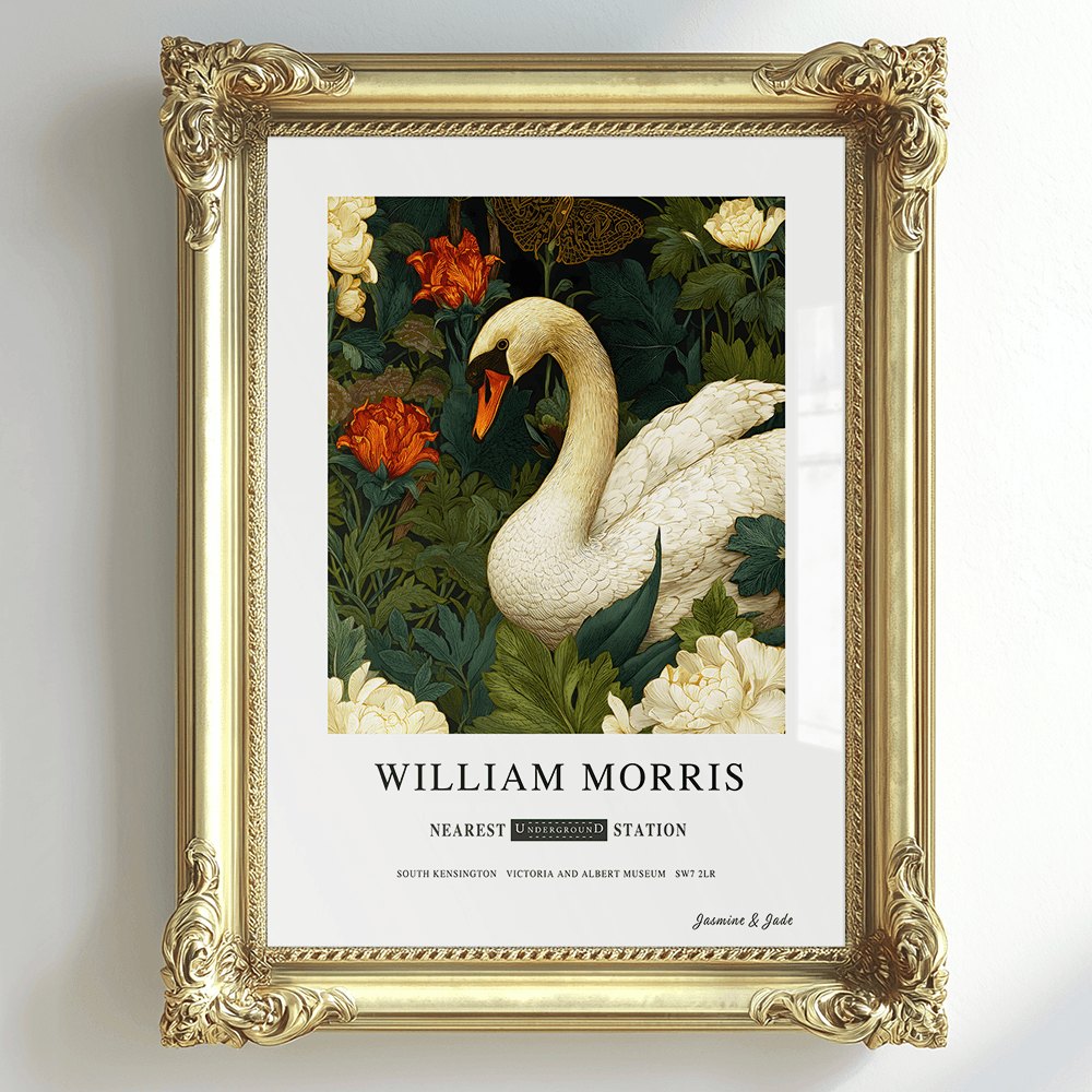 Inspirado en William Morris, firmado - Estampa de Cisne Blanco