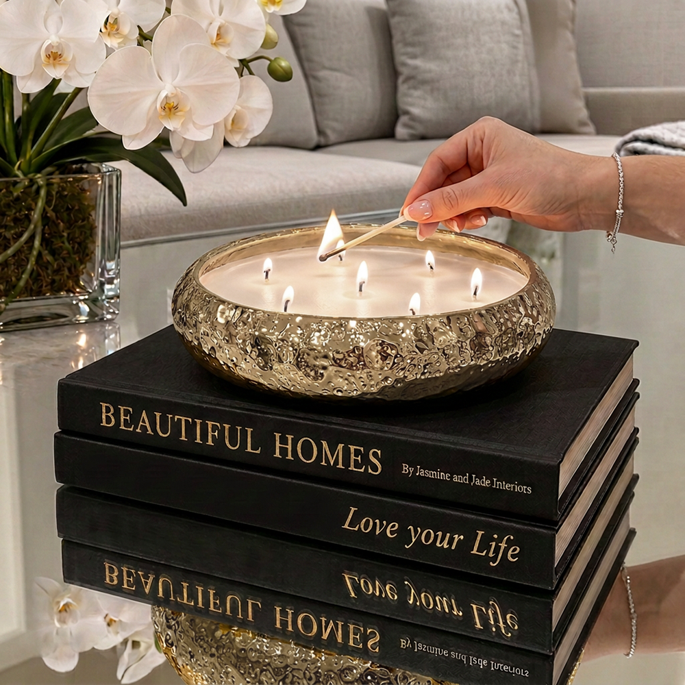 Scented 7 Wick Candle - Gold Hammered Metal - 20cm