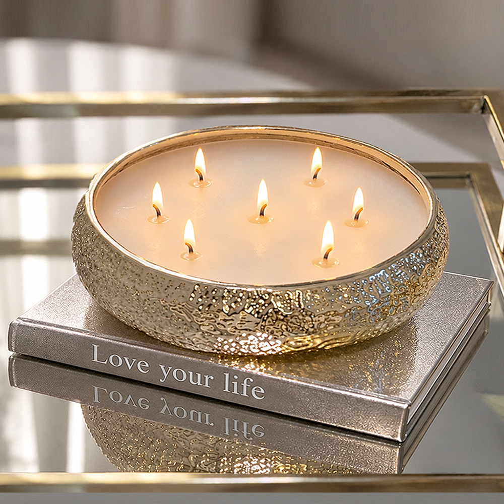 Scented 7 Wick Candle - Gold Hammered Metal - 20cm