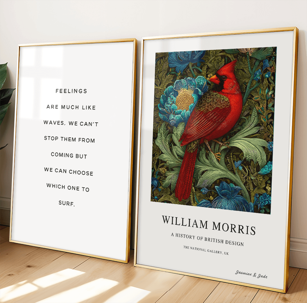 Inspirado en William Morris, firmado - Estampado de cardenal rojo