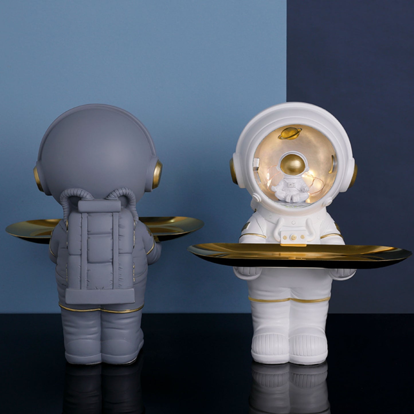 Kids white or grey astronaut, spaceman lamp with gold tray
