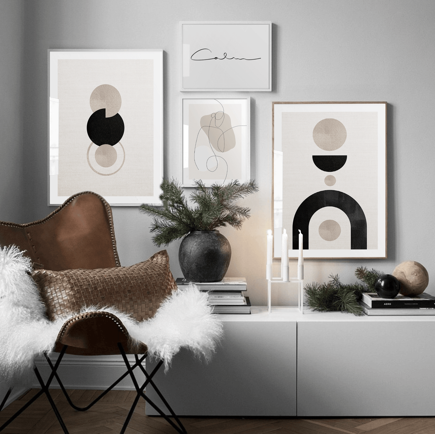 Boho abstract graphic art poster in living room