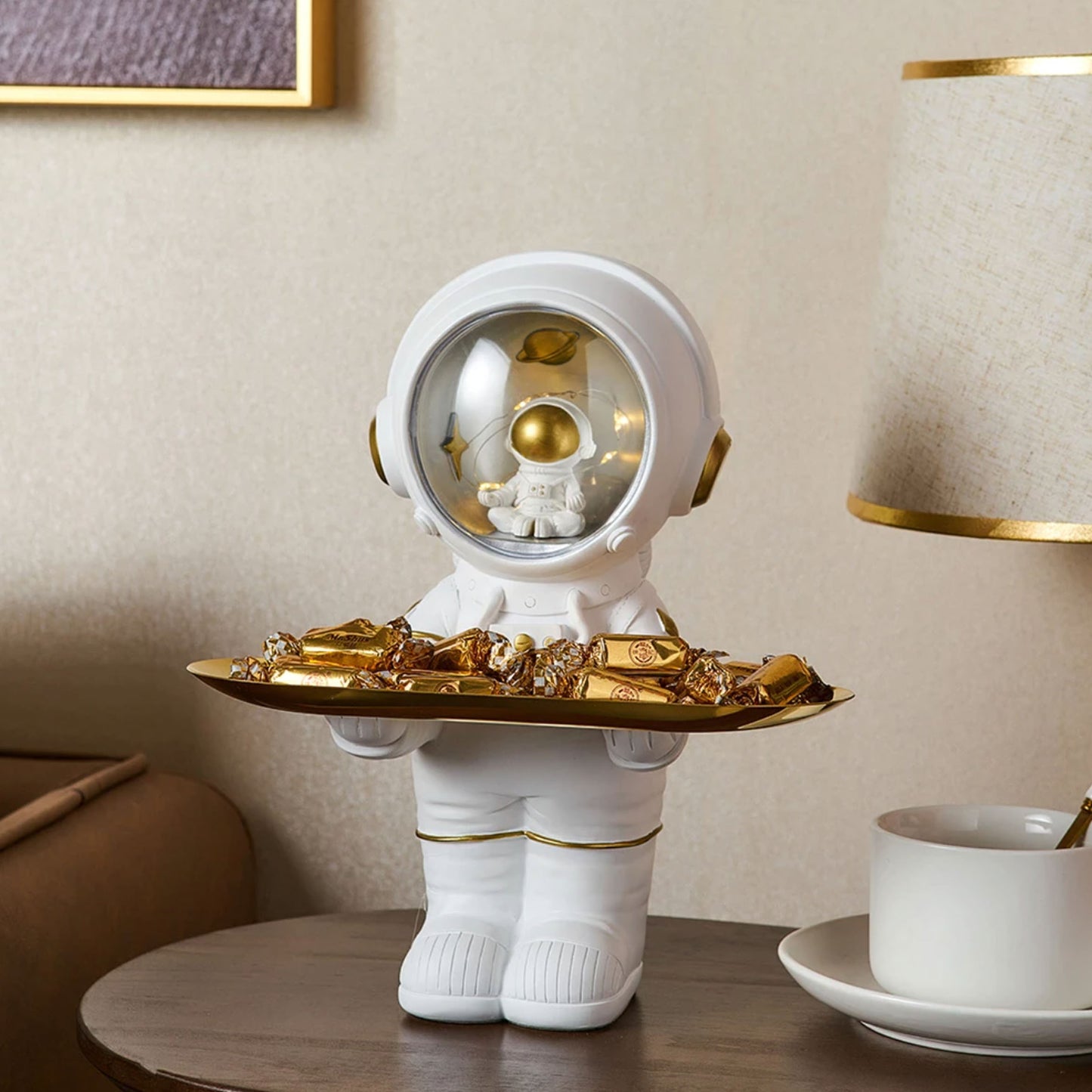 Kids white or grey astronaut, spaceman lamp with gold tray