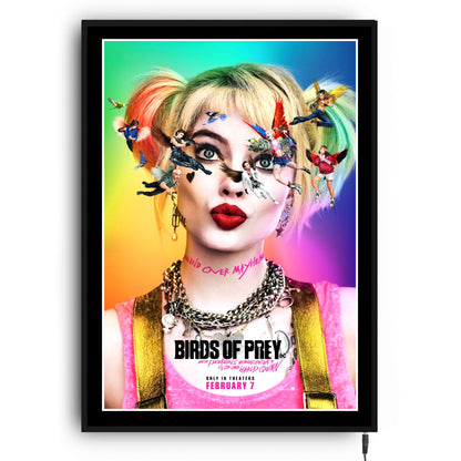 Arte de póster enmarcado de película LED iluminada de Birds of Prey - Harley Quinn