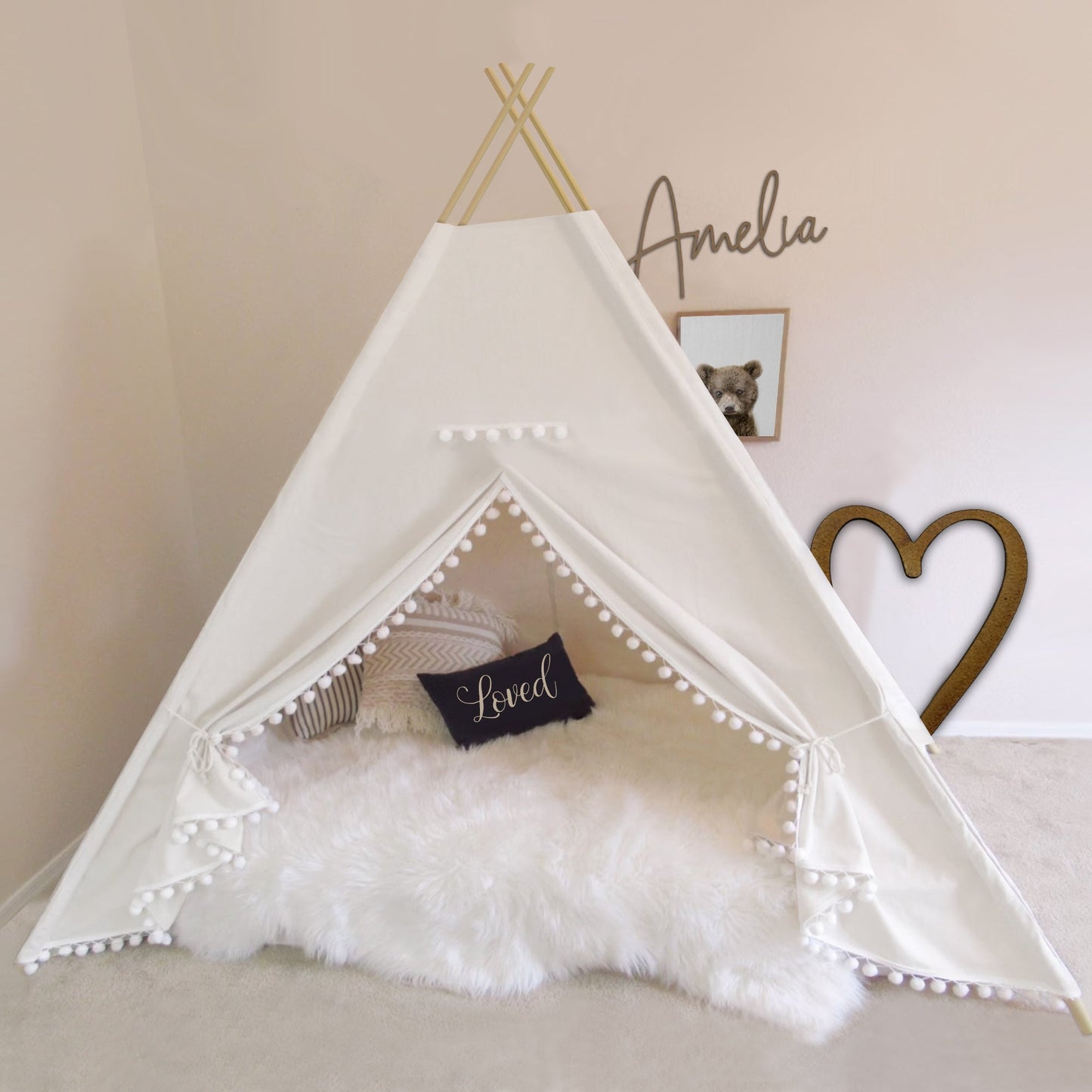 Tenda da gioco Teepee con pompon - 5 colori