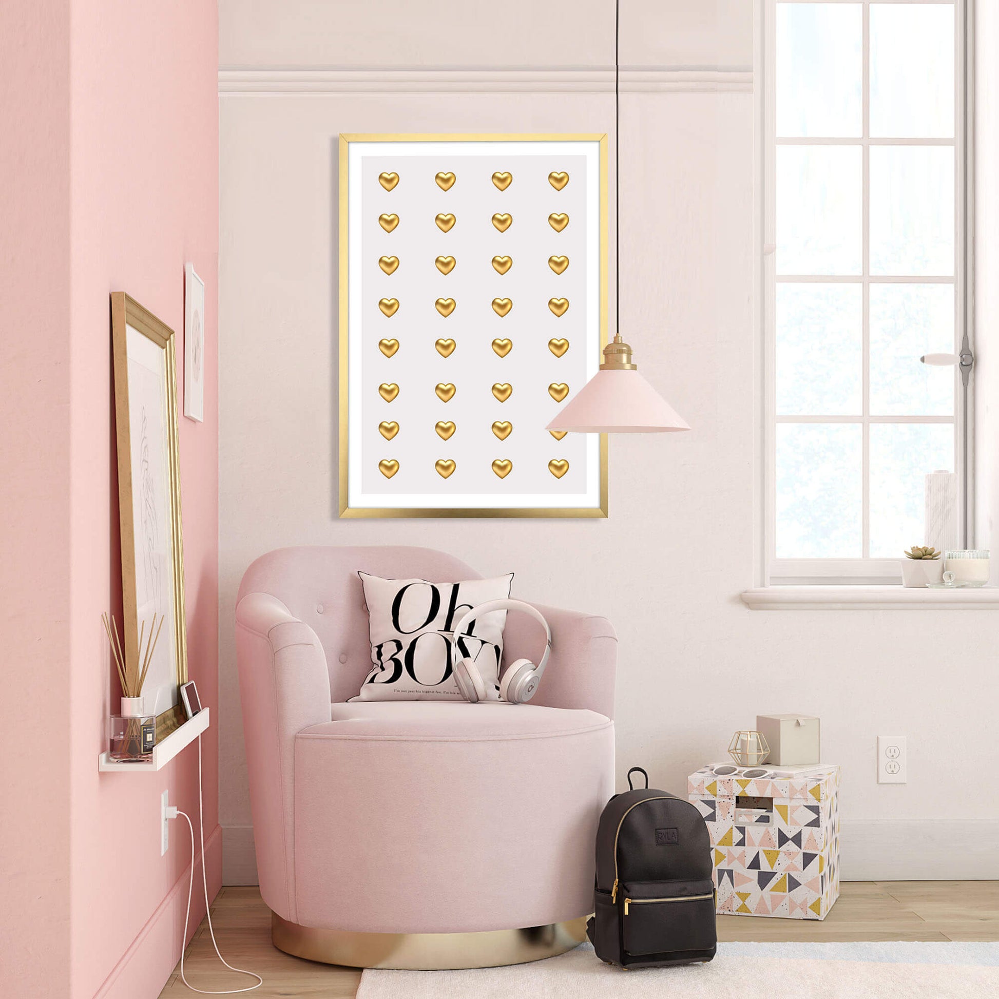 Girls Gold metal wall art heart poster in pink bedroom