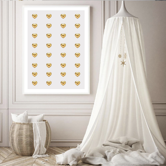 Gold metal wall art heart print - poster in girls bedroom