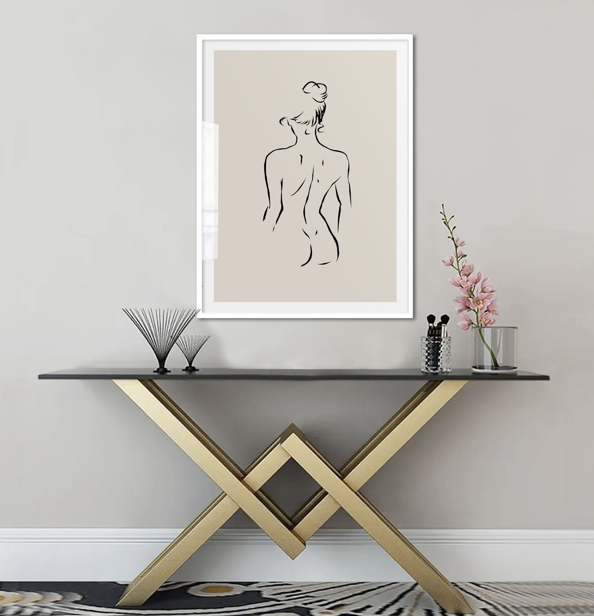 Boho beige abstract line art poster for hallway