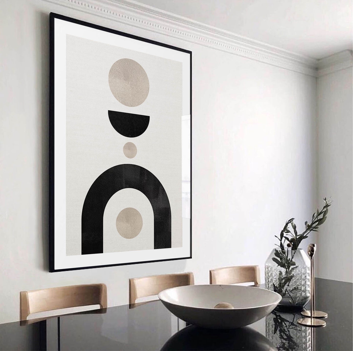 Boho abstract graphic art poster in dining room